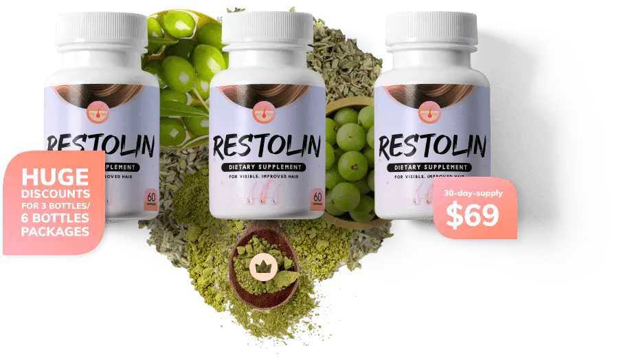 3 Restolin bottle Product Aligned with promotion to buy 3 or 6 bottle and ingredients os Restolin in background